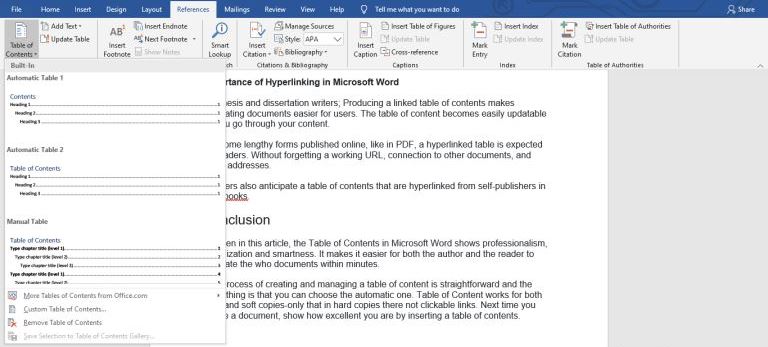 MS Word:How to Create and Manage a Table of Contents in Microsoft Word