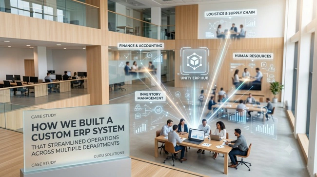 See how Guru Solutions designed a custom enterprise ERP system that unified multiple departments, cut manual errors, and boosted daily operational efficiency by 40%.