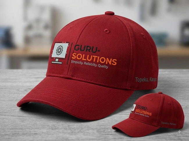 Shop the GURU Signature Cap from Guru Solutions. A premium embroidered baseball hat featuring the GURU logo and Topeka, Kansas branding, shipped from Topeka, Kansas.